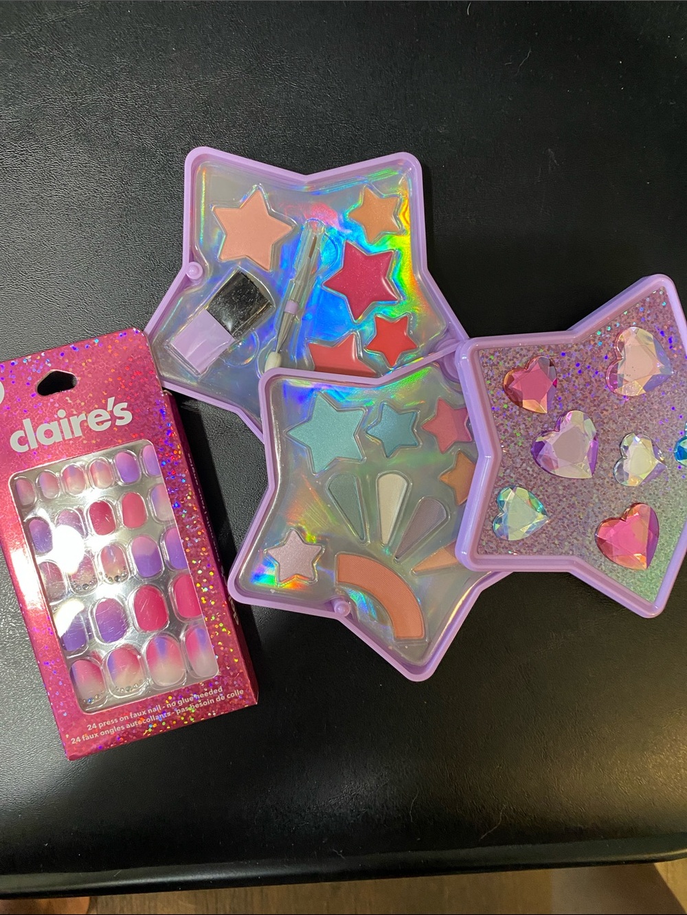 Claire's Purple Holographic Star Cosmetic Set with Pink Press-On Nails